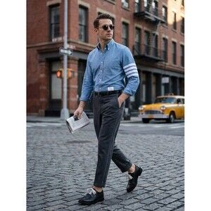Thom Browne New York Cotton Chambray 4-Bar Arm Stripe Button-Down Shirt Sz 1